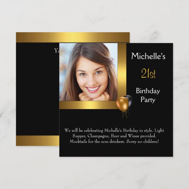 Invitación Elegante foto Oro Balón negro 21 cumpleaños (Anverso / Reverso)