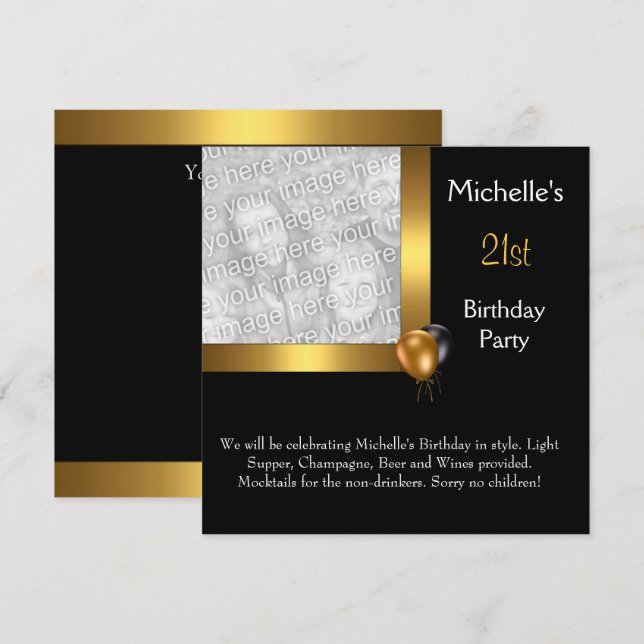 Invitación Elegante foto Oro Balón negro 21 cumpleaños (Anverso / Reverso)