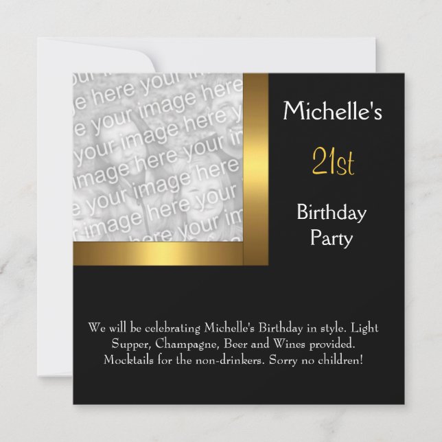 Invitación Elegante foto oro negro 21 cumpleaños (Anverso)