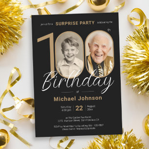 Invitación Elegante foto Oro Negro Sorpresa 100 cumpleaños