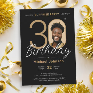 Invitación Elegante foto Oro Negro Sorpresa 30 cumpleaños