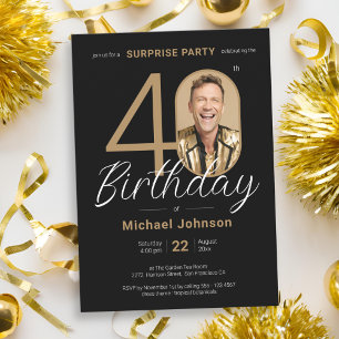 Invitación Elegante foto Oro Negro Sorpresa 40 cumpleaños