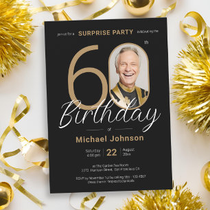 Invitación Elegante foto Oro Negro Sorpresa 60 cumpleaños