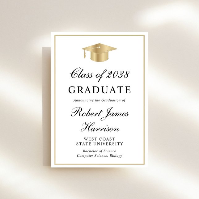 Invitación Elegante Foto Partido de Graduación de Oro Blanco (An elegant college graduation party invitation to celebrate the graduate's achievements)