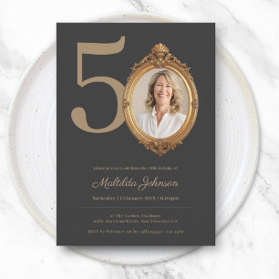 Invitación Elegante Foto Personalizada Cumpleaños 50 Dorado
