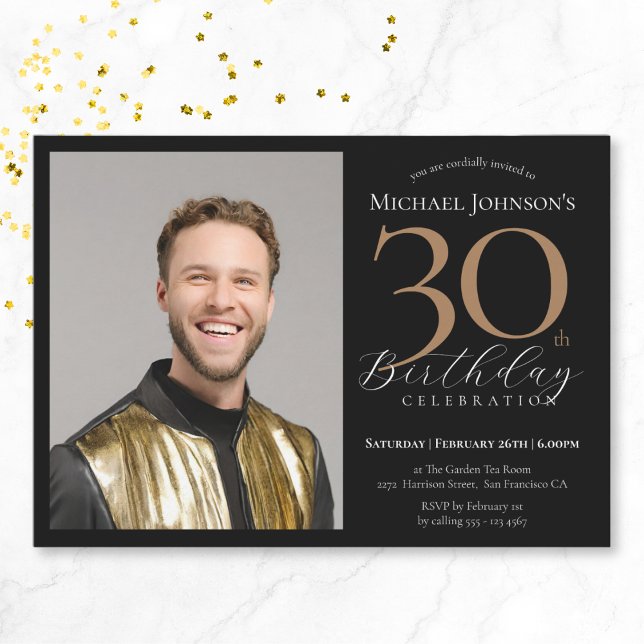 Invitación Elegante foto Personalizado Oro Negro 30 cumpleaño (Elegant Custom Photo Black Gold 30th Birthday Invitation)