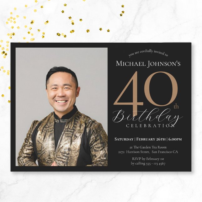 Invitación Elegante foto Personalizado Oro Negro 40 cumpleaño (Elegant Custom Photo Black Gold 40th Birthday Invitation)
