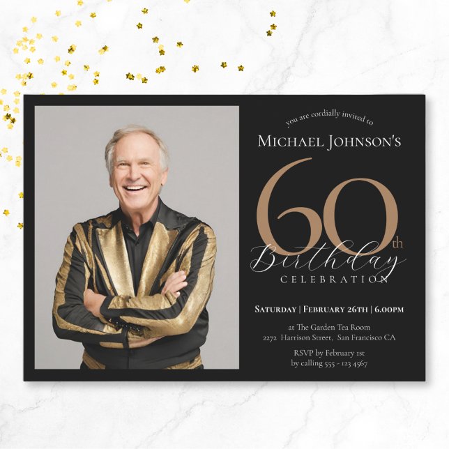 Invitación Elegante foto Personalizado Oro Negro 60 cumpleaño (Elegant Custom Photo Black Gold 60th Birthday Invitation)
