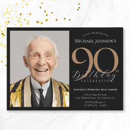 Invitación Elegante foto Personalizado Oro Negro 90 cumpleaño