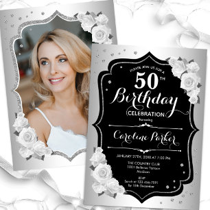 Invitación Elegante foto Plata Blanco Negro 50 cumpleaños
