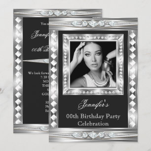 Invitación Elegante Foto Plata Glam Diamante Cumpleaños Negro
