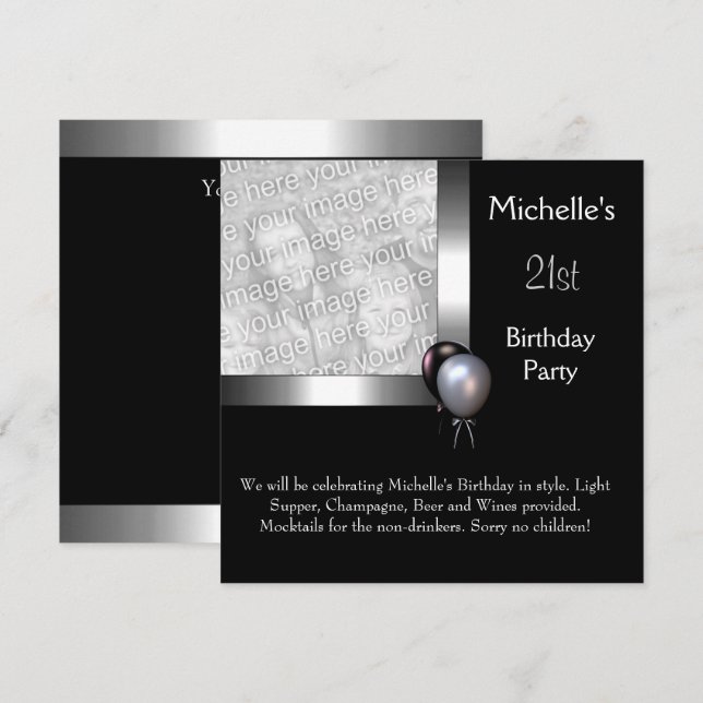 Invitación Elegante foto Plata Globo Negro Balón 21 cumpleaño (Anverso / Reverso)