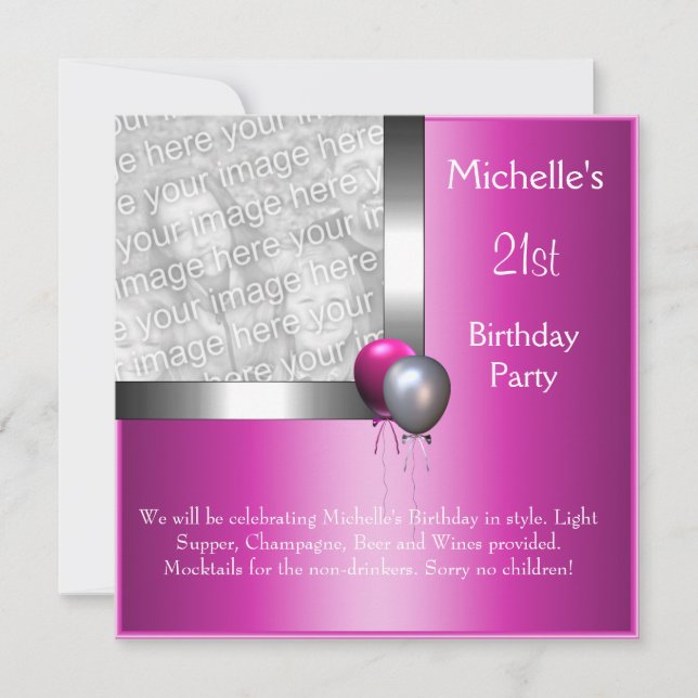 Invitación Elegante foto plata globo rosado 21 cumpleaños (Anverso)