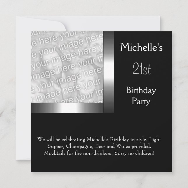 Invitación Elegante foto Plata Negro 21 cumpleaños (Anverso)