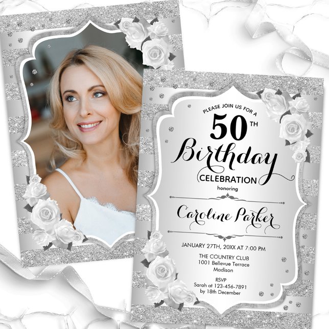 Invitación Elegante foto plateada 50 cumpleaños (Subido por el creador)