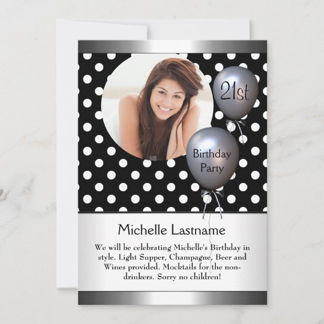 Invitación Elegante foto Polka Dot Silver Globo 21 (Anverso)