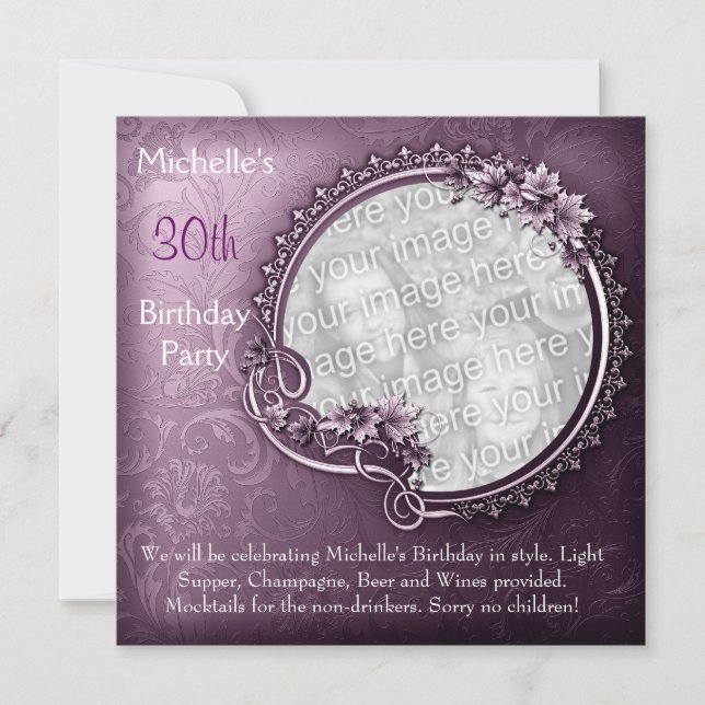 Invitación Elegante foto Purple Floral 30 cumpleaños (Anverso)