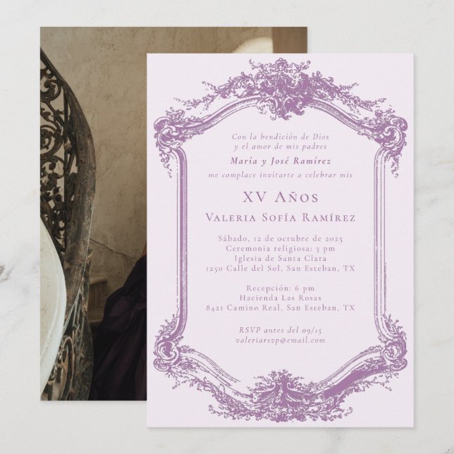 Invitación Elegante foto púrpura Quinceañera 15º cumpleaños (Anverso / Reverso)