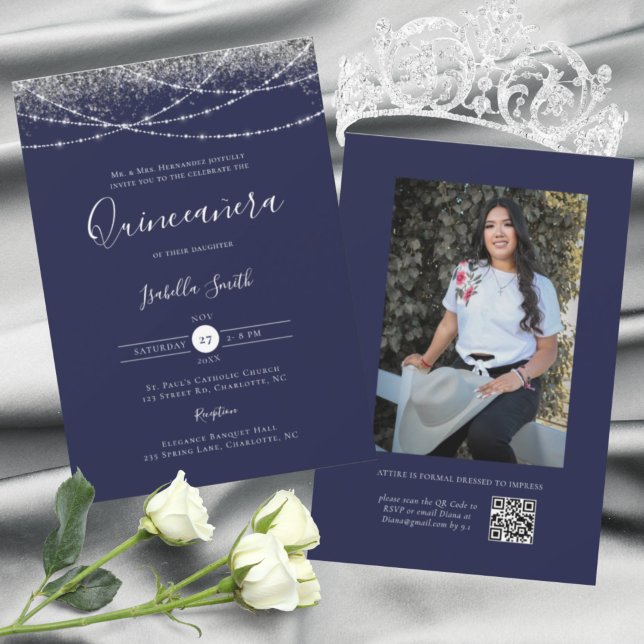 Invitación Elegante foto Purpurina de Plata Azul Quinceanera (Subido por el creador)