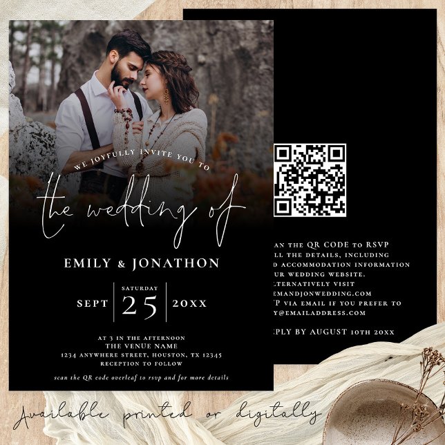 Invitación Elegante Foto QR Código Script Boda Negro (Wedding invitation with custom photo black overlay and your QR code. Available digitally or printed)
