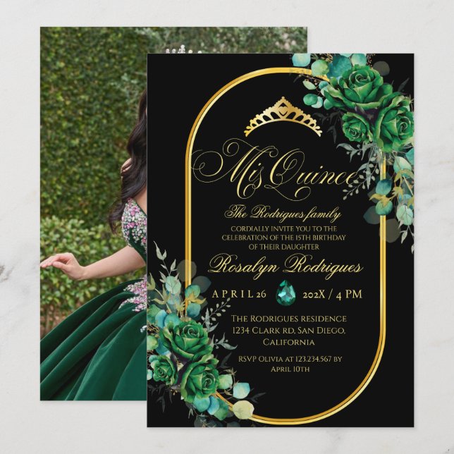Invitación Elegante Foto Quinceanera Aniversario verde negro (Anverso / Reverso)
