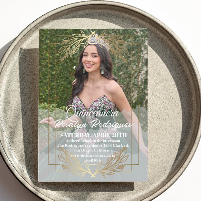 Invitación Elegante foto Quinceanera Oro Tiara Blanco (Subido por el creador)
