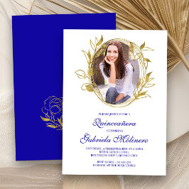 Invitación Elegante foto real azul y oro quinceanera
