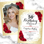 Invitación Elegante foto roja blanca dorada 50 cumpleaños<br><div class="desc">Elegante invitación de 50 años floral femenina con tu foto al fondo de la tarjeta. Diseño de vidrio con oro falso. Cuenta con rosas rojas, fuente de guión y confiti. Perfecto para un elegante fiesta de celebración de cumpleaños. Personaliza con tus propios detalles. ¡Se puede personalizar para cualquier edad! Invitaciones...</div>