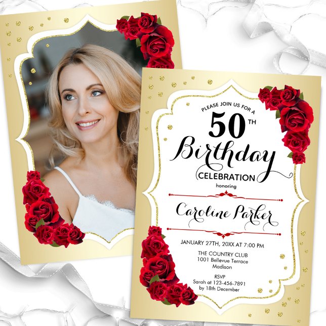 Invitación Elegante foto roja blanca dorada 50 cumpleaños (Subido por el creador)