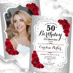 Invitación Elegante foto roja blanca plateada 50 cumpleaños<br><div class="desc">Elegante invitación de 50 años floral femenina con tu foto al fondo de la tarjeta. Diseño de vidrio con plata falsa. Cuenta con rosas rojas, fuente de guión y confiti. Perfecto para un elegante fiesta de celebración de cumpleaños. Personaliza con tus propios detalles. ¡Se puede personalizar para cualquier edad! Invitaciones...</div>