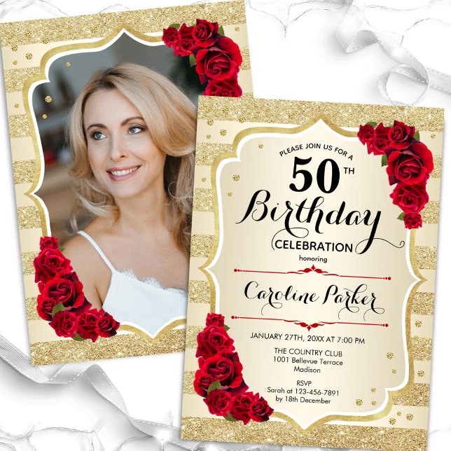 Invitación Elegante foto roja dorada 50 cumpleaños (Subido por el creador)