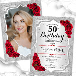 Invitación Elegante foto roja plateada 50 cumpleaños<br><div class="desc">Elegante invitación de 50 años floral femenina con tu foto al fondo de la tarjeta. Diseño de vidrio con falsa plata purpurina. Presenta rayas plateadas, rosas rojas, fuente de escritura y confeti. Perfecto para un elegante fiesta de celebración de cumpleaños. Personaliza con tus propios detalles. ¡Se puede personalizar para cualquier...</div>