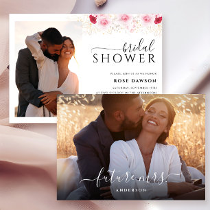 Invitación Elegante Foto Rojo Rosa Y Dorado Ducha De Novias F