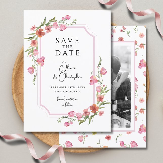 Invitación Elegante foto romántica floral salva la fecha (Subido por el creador)