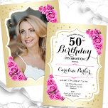 Invitación Elegante foto rosa blanco dorado 50 cumpleaños<br><div class="desc">Elegante invitación de 50 años floral femenina con tu foto al fondo de la tarjeta. Diseño de vidrio con oro falso. Presenta rosas rosas rosas rosas rosas, tipo de letra de guión y confeti. Perfecto para un elegante fiesta de celebración de cumpleaños. Personaliza con tus propios detalles. ¡Se puede personalizar...</div>