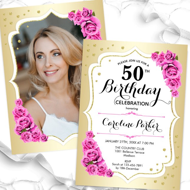 Invitación Elegante foto rosa blanco dorado 50 cumpleaños (Subido por el creador)