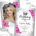 Invitación Elegante foto rosa blanco plateado 50 cumpleaños<br><div class="desc">Elegante invitación de 50 años floral femenina con tu foto al fondo de la tarjeta. Diseño de vidrio con plata falsa. Presenta rosas rosas rosas rosas rosas, tipo de letra de guión y confeti. Perfecto para un elegante fiesta de celebración de cumpleaños. Personaliza con tus propios detalles. ¡Se puede personalizar...</div>