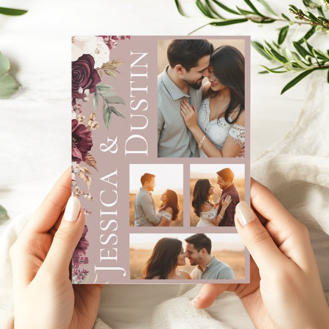 Invitación Elegante foto Rosa  Boda Floral Rosa (Modern Burgundy Dusty Rose Photo Collage Wedding Invitation
)