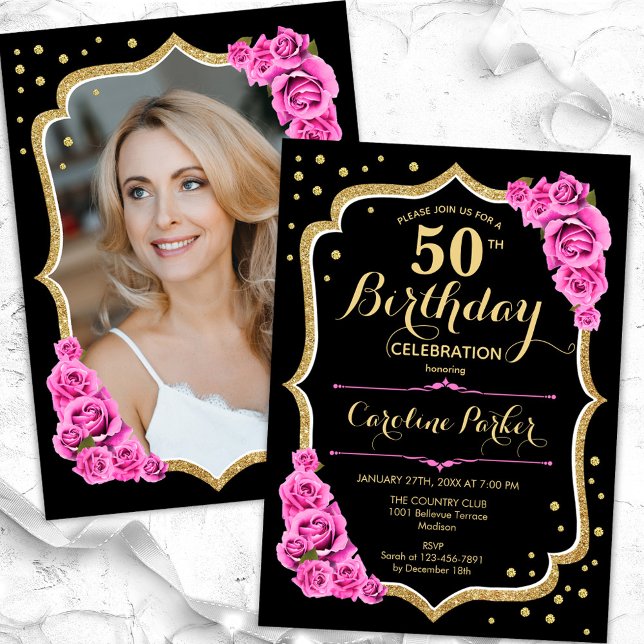 Invitación Elegante foto rosa dorado negro 50 cumpleaños (Subido por el creador)
