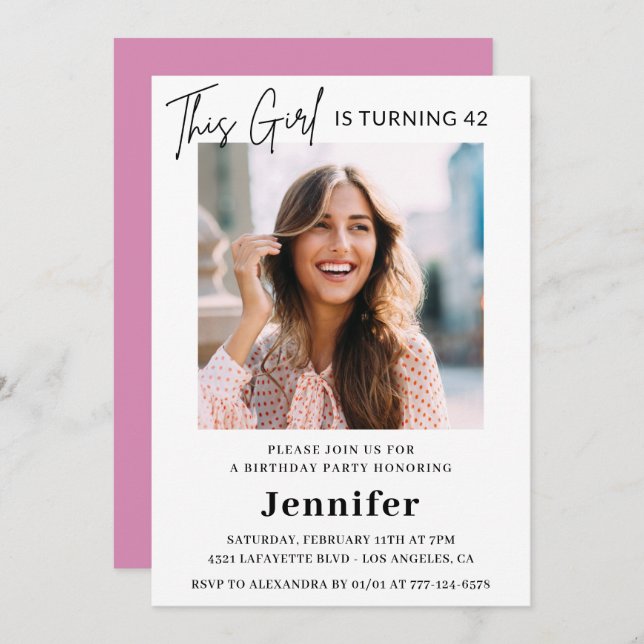 Invitación Elegante foto rosa moderno 42 años (Anverso / Reverso)