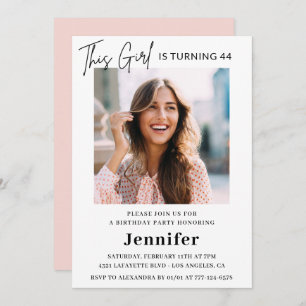 Invitación Elegante foto rosa moderno 44 cumpleaños
