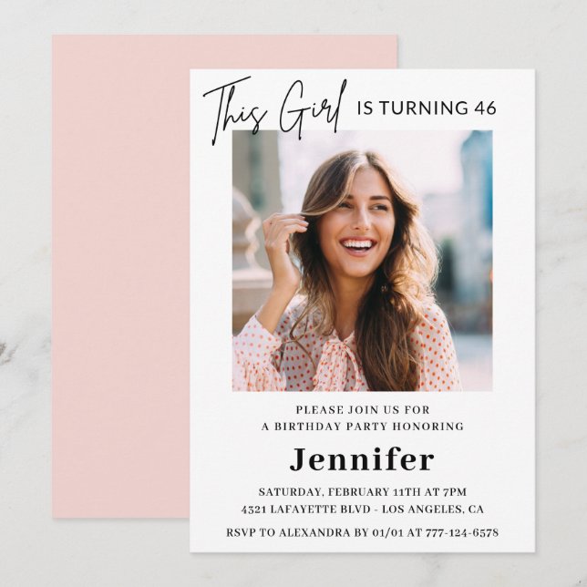 Invitación Elegante foto rosa moderno 46 años (Anverso / Reverso)
