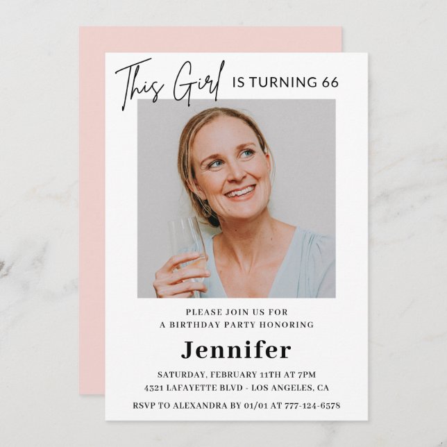 Invitación Elegante foto rosa moderno 66º cumpleaños (Anverso / Reverso)