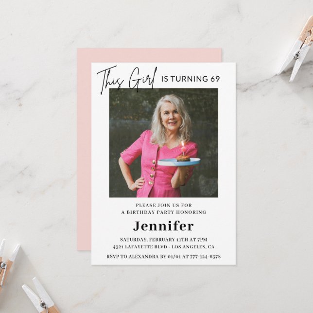 Invitación Elegante foto rosa moderno 69 años (Anverso/Reverso In Situ)