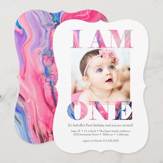 Invitación Elegante foto rosa moderno primer cumpleaños (Anverso / Reverso)