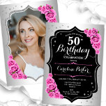 Invitación Elegante foto rosa negro plateado 50 cumpleaños<br><div class="desc">Elegante invitación de 50 años floral femenina con tu foto al fondo de la tarjeta. Diseño de vidrio con plata falsa. Presenta rosas rosas rosas rosas rosas, tipo de letra de guión y confeti. Perfecto para un elegante fiesta de celebración de cumpleaños. Personaliza con tus propios detalles. ¡Se puede personalizar...</div>