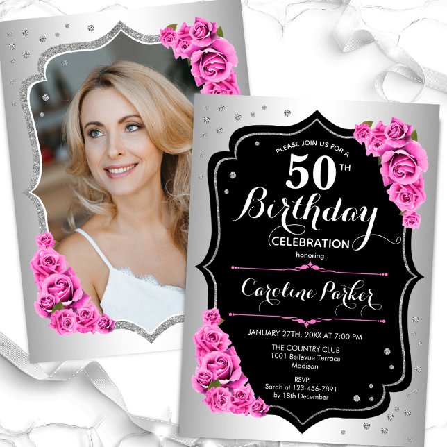 Invitación Elegante foto rosa negro plateado 50 cumpleaños (Subido por el creador)