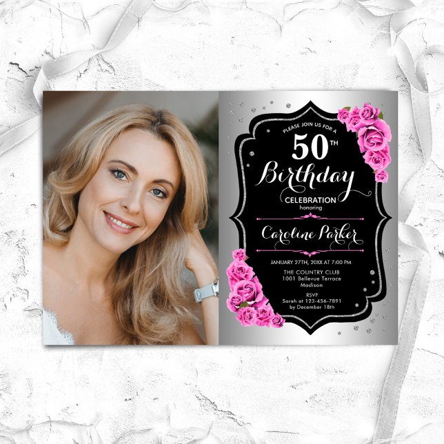 Invitación Elegante foto rosa negro plateado 50 cumpleaños (Subido por el creador)