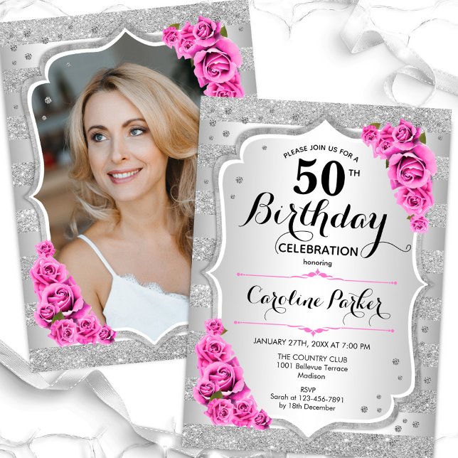 Invitación Elegante foto rosa plateado 50 cumpleaños (Subido por el creador)