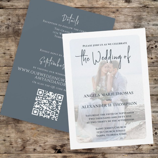 Invitación Elegante Foto Simple Código QR RSVP Dusty Gray (Subido por el creador)